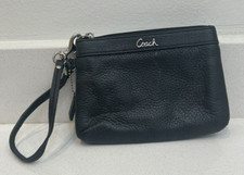 Coach Vintage Black Leather Zip Wallet Wristlet Cursive Logo Pebbled