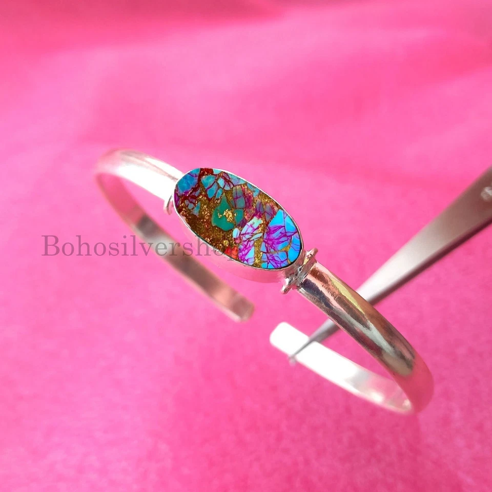 Pulsera de plata esterlina 925 turquesa cobre rosa hecha a mano para mujer joyería #248 Foto 2 de 4