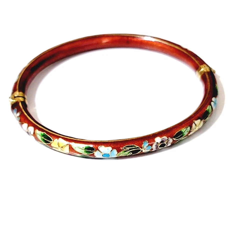 Vintage Red -Green/Gold/Blue/White Cloisonne Hinged Bangle Bracelet Aisan Floral - Image 4 of 4