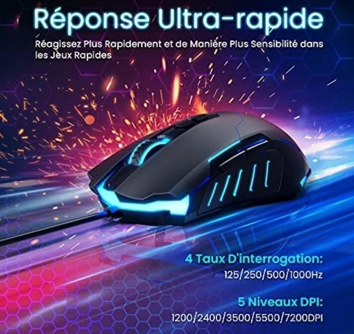 Souris Gamer Rétro-éclairage Led 7 Boutons Programmable 5 réglages dpi 1200/7200 - Photo 3/4