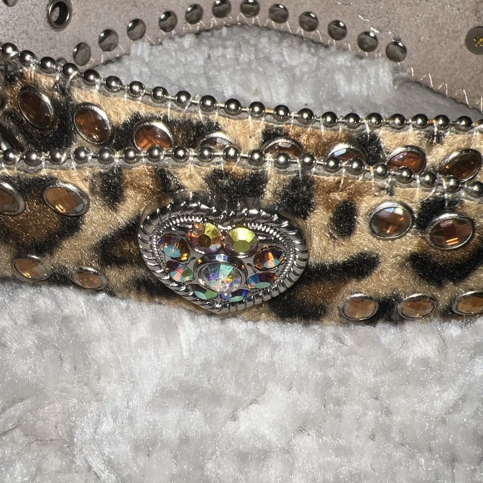 Leopard Print Western Belt Heart Rhinestones Leather Size 36 Silver Buckle - Image 3 of 4