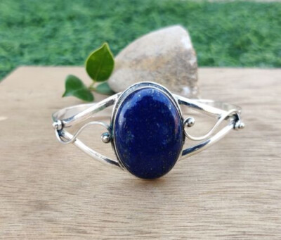 Nice Lapis Lazuli Gemstone 925 Sterling Silver Handmade Bracelet Cuff R-12