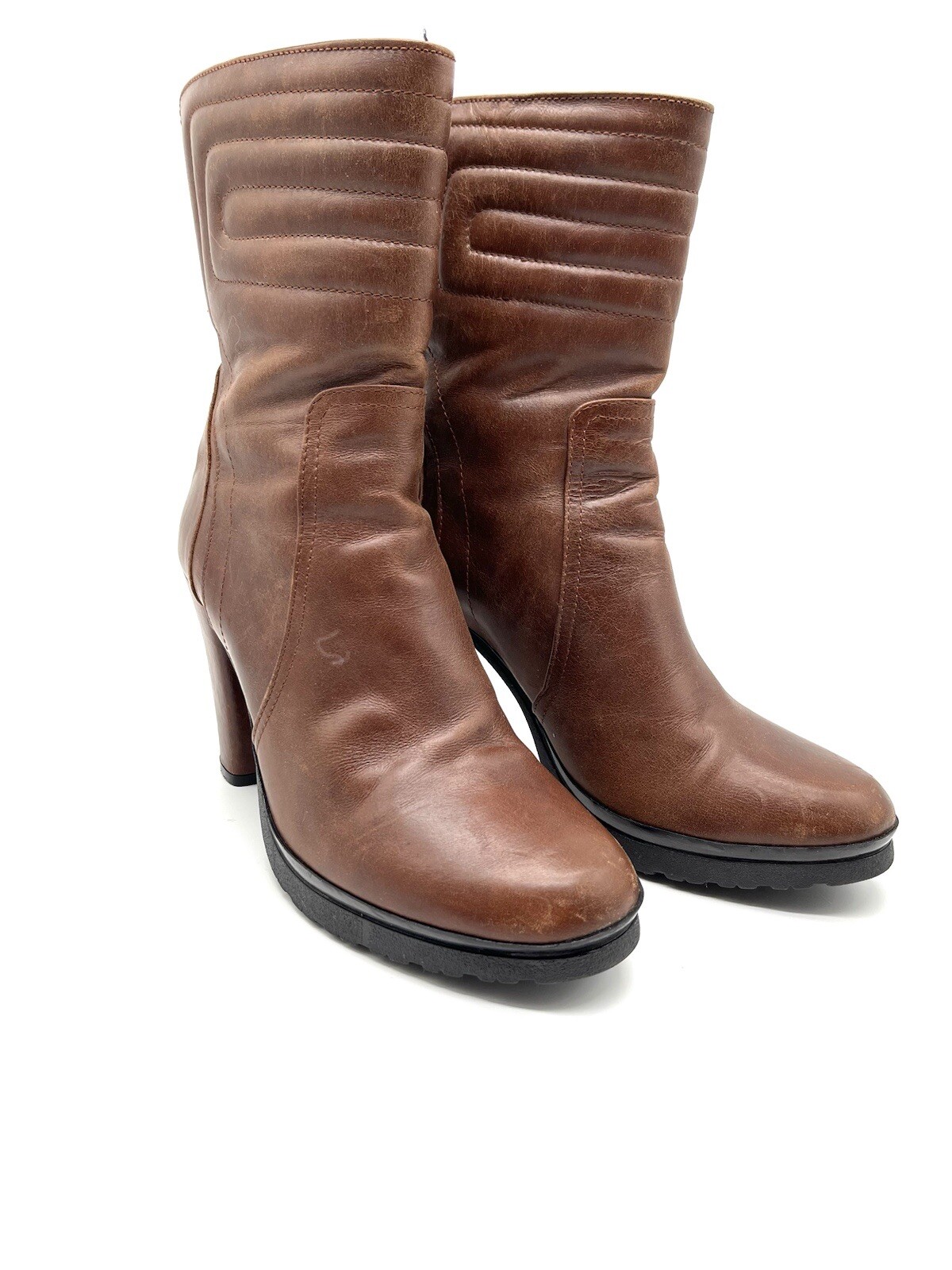 SAOLA Stivali Aquatalia Cognac in pelle marrone taglia 7 trapuntati metà polpaccio tacco alto blocco suola a strappo