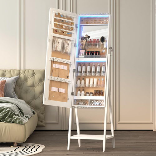 LED Standing Jewelry Mirror Cabinet, Stand up Full Length Mirror with Storage, L - Picture 9 of 9
