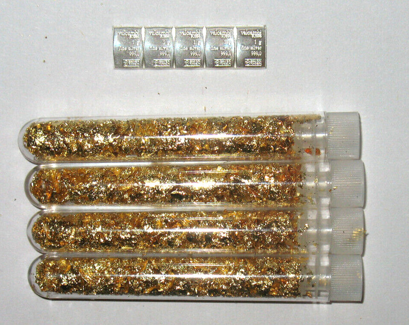 ⭐💎⭐ 5 X 1 GRAM 999 SILVER VALCAMBI SUISSE BARS + 4 VIALS OF GOLD FLAKES.