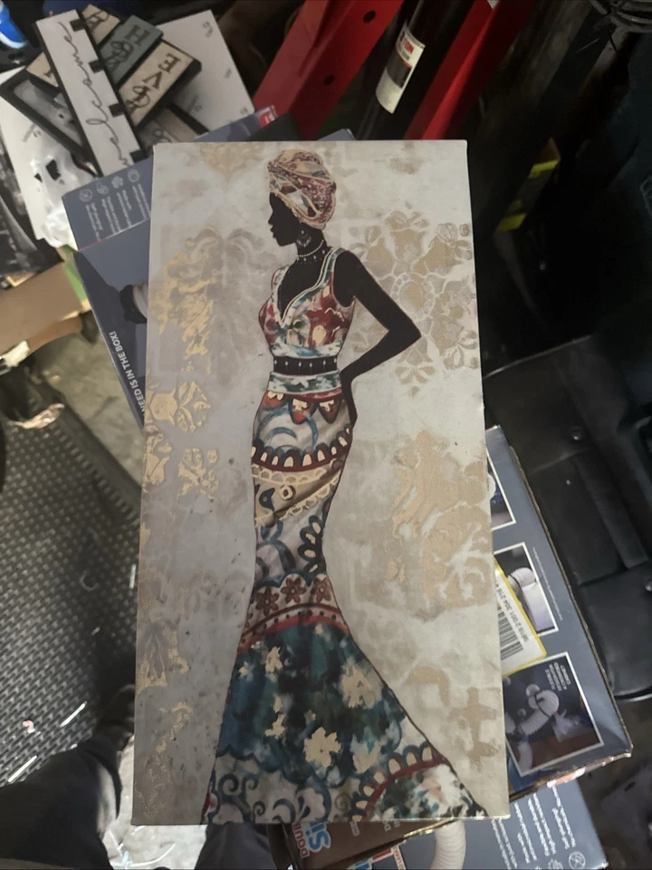 Interior Decor 1 African Women Painted On Canvas 18"X 9" Frame Home Business - Image 3 of 4