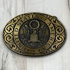 VTG United States of America Brass BELT BUCKLE Patriotic Eagle Scroll Western