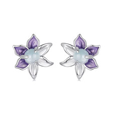 925 Sterling Silver Cute Purple Enamel Flower Stud Earrings, Hypoallergenic Gold