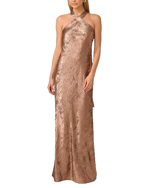 Adrianna Papell Halter Gown 6 Draped Foiled Woven Mocha Brown NWT $295