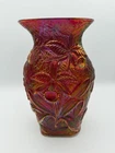 Fenton Red Orange Carnival Glass Vase Floral Pattern Iridescent