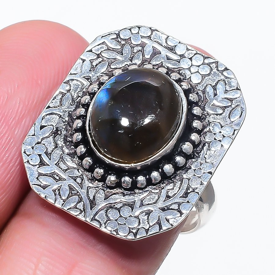 Anillo de piedras preciosas de labradorita de fuego azul hecho a mano joyería de regalo de compromiso 8" FR 5382