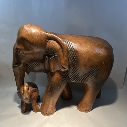 Handmade Wooden Elephant Figurine Decorative Collectible Sculpture with Baby