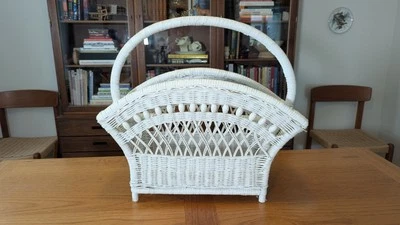 Vintage White Wicker Magazine Rack Holder Woven Basket Boho Shabby Chic - Image 1 of 4