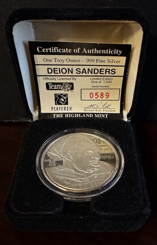 Deion Sanders Highland Mint 1 Troy oz. .999 Silver Round 49ers 0589/7500