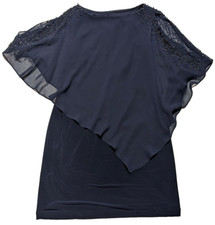 X BY XSCAPE Women 4P Blue Sheer Beaded Cape Overlay Boat Neck Sheath Dress NEW