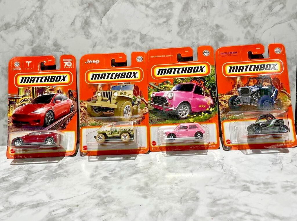 matchbox cars (4), Tesla Model Y, 1948 Willys Jeep, Mini Cooper, POLARIS RZR