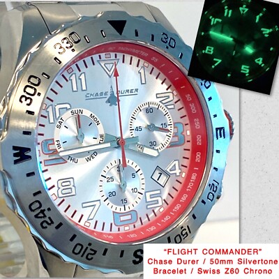 50mm White Dial FLIGHT COMMANDER| Slvrtn Bracelet | Swiss Z60 |CHASE DRUER Watch