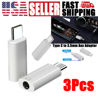 3Pcs USB-C Type C Port to 3.5MM Aux Audio Adapter Jack Earphone Headphone Car
