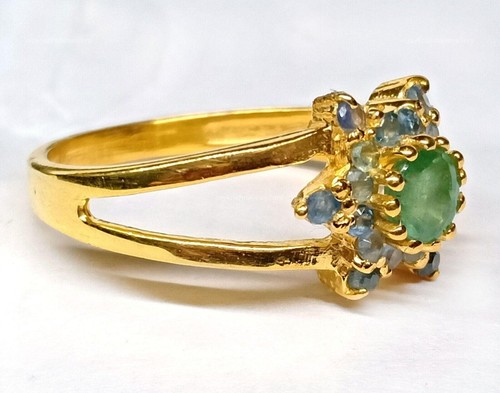 Smaragd Mit Saphir Cocktail Stern Ring, 925 Silber Gold Poliert Schöner Ring - Bild 11 von 13