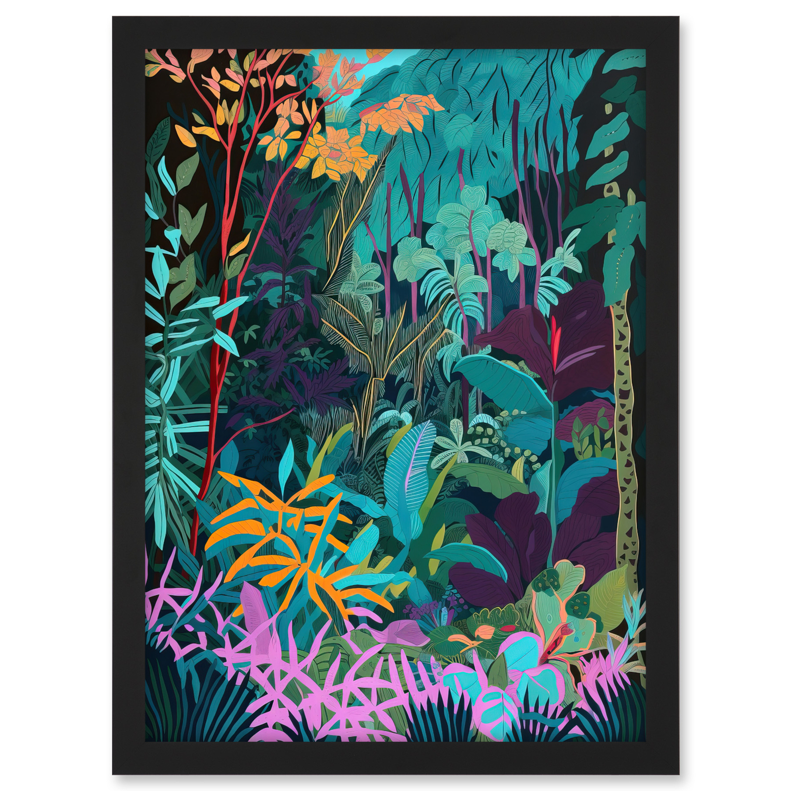 Tropical Jungle Forest Vibrant Colour Illustration Framed Art Picture ...