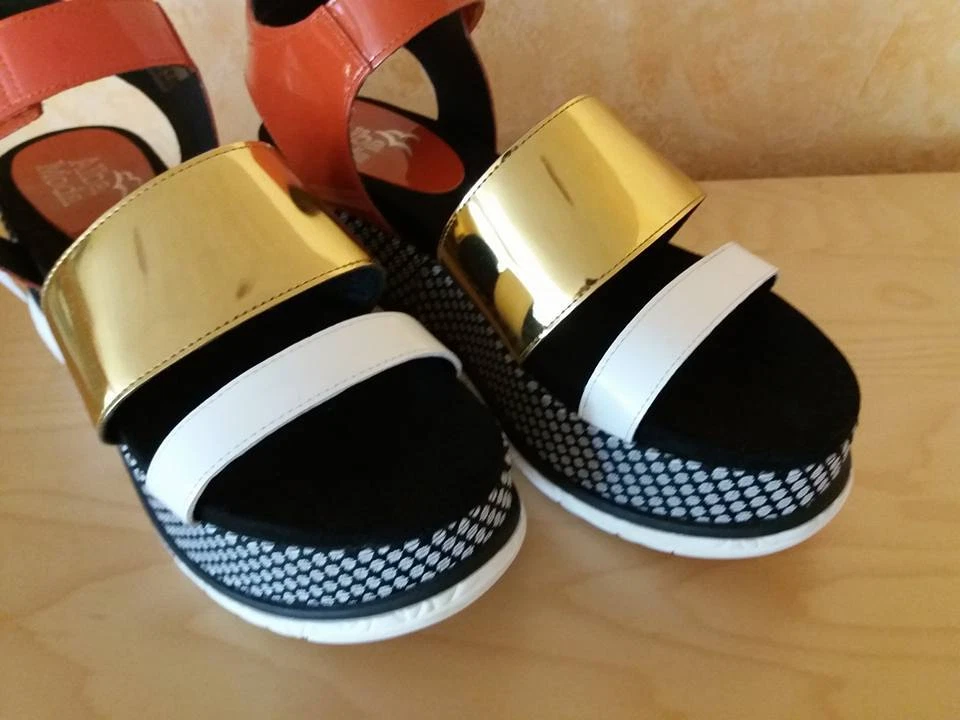 MEGA Alba Moda Keil Sandalette NEU Gr. 41 F orange weiss gold Nappa Glanz Leder - Bild 3 von 4