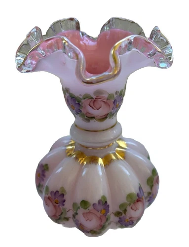 Fenton Vase Vtg Carleton Mellon Ruffle Pink White Hand painted Pink Flowers Gold