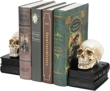 Black Skull Design Stacked Books Bookends, Skeleton Human Head Bookends, 1 Pair