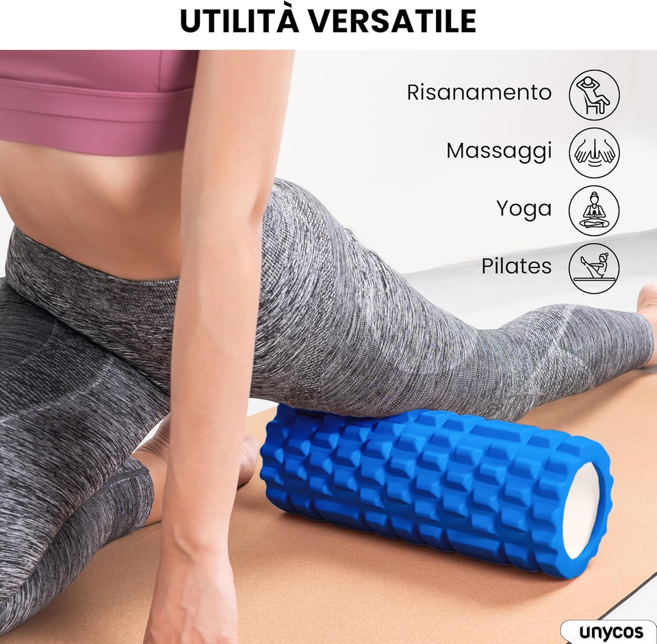 Foam Roller Unycos Per Automassaggio - In EVA, Carico 130kg - Per Yoga E Recupero Muscolare - Azzurro - Foto 8