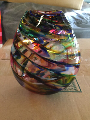 Signed colorful rainbow studio art glass vase colorful hand blown glass vase