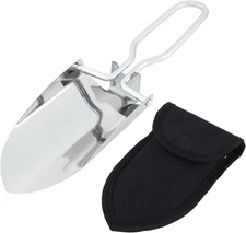 Compact Stainless Steel Folding Camping Shovel with Carrying Pouch - Silver