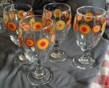 ? Libby ? Drinking Glasses w Graphics / Orange Red Yellow Flowers / Set of 4