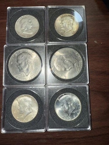 6 Coin Silver Half Dollar & Ike Lot – 1964 Kennedy AU/XF, 1951-D Franklin XF, 2