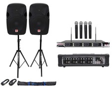 2 Rockville SPGN128 12" 2400w DJ PA Speakers Amp 4 Mics Stands Cables Bag