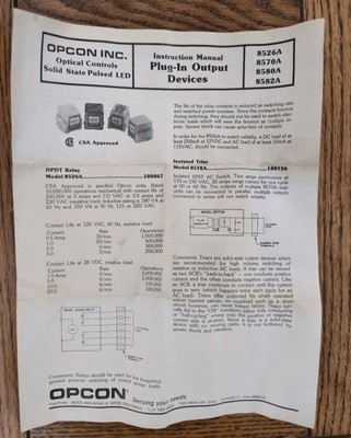 Opcon Inc. Optical Controls Solid State Pulsed LED Plug In Output Devices MANUAL