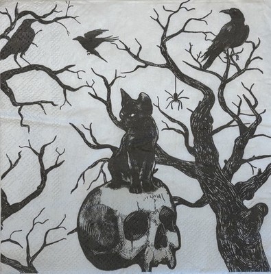 two Individual Black Cat Crow Skull Halloween Luncheon decoupage Paper napkins