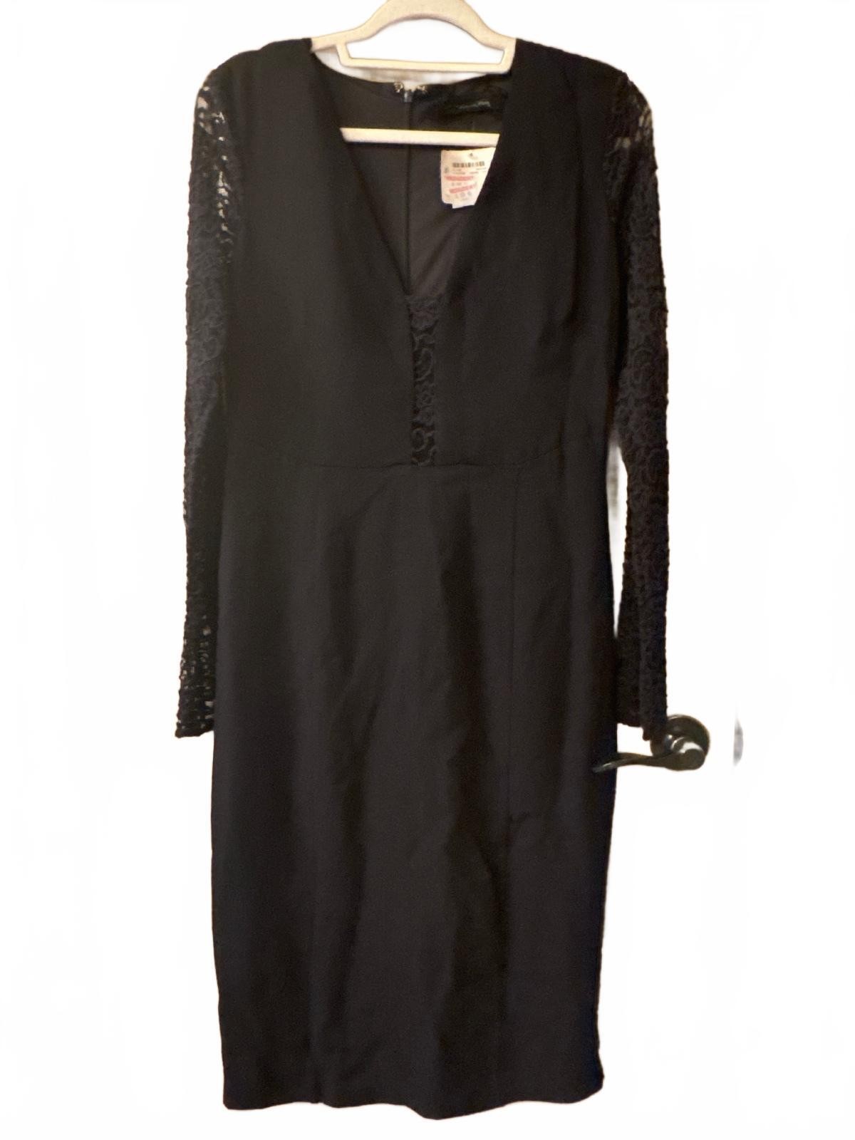 Patrizia Original Elegant Black Midi Dress with Lace Sleeves and Deep V-Neckline
