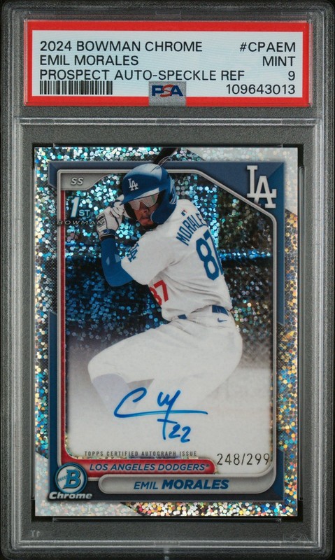 2024 Bowman Chrome Emil Morales Speckle Refractor Auto /299 CPA-EM PSA 9