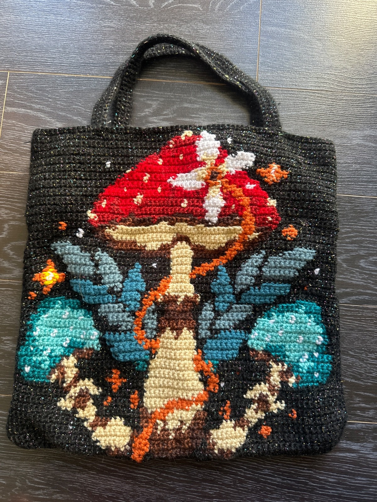 Mushroom embroidered tote