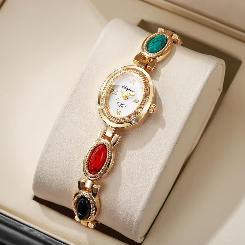 Women Elegant Vintage Roman Numeral Watch with Oval face, Quartz Movement