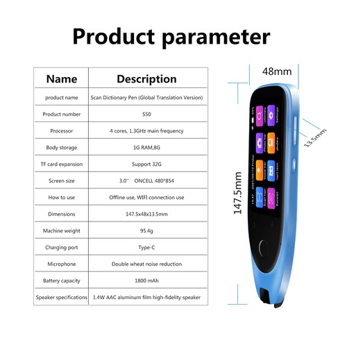 Penna Traduttore Registratore Traduzione Vocale Dizionario Elettrico Macchina Touchscreen E4E3 - Foto 4 di 12