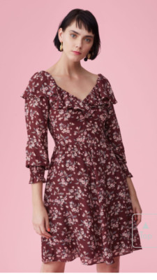 REBECCA TAYLOR $495 Womens New 1041 Maroon Tilda Floral Silk Ruffled Dress 8 B+B
