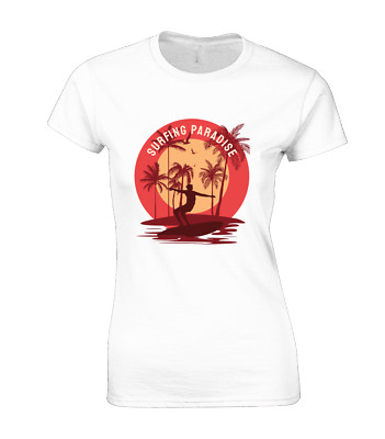 SURFING PARADISE SILHOUETTE LADIES T SHIRT COOL BEACH SUMMER HOLIDAY DESIGN TOP
