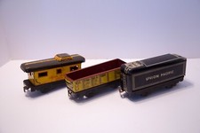 VTG Marx Set of 3 Tin Train Cars,Tender Coal, B O Freight, Union Pacific Caboose