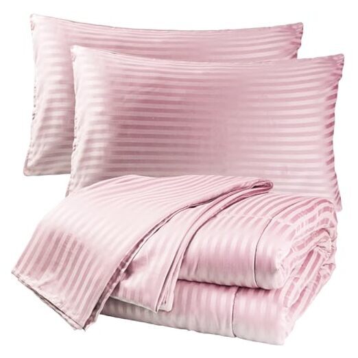 Comforter Set with Sheets, 5 Pieces Super Soft Bed in a Twin Pink Stripe Sets-image