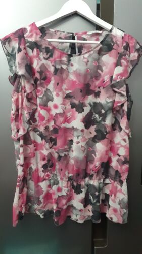 Frilled Floral Chiffon Top Short Sleeve Peplum Elegant Blouse UK18 EU46 Pink Mix - Picture 1 of 12