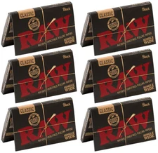 6 Pk Raw Classic Black Single Wide Double Feed Ultra Thin Rolling Papers - 3219