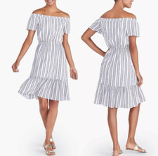 J.CREW MERCANTILE BLUE WHITE OFF-THE-SHOULDER STRIPED PEASANT DRESS Sz L