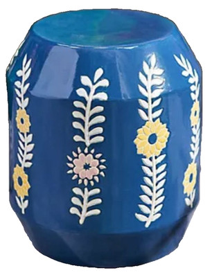Blue Hand Painted Round Ceramic Garden Seat Stool Indoor Outdoor  New In Box