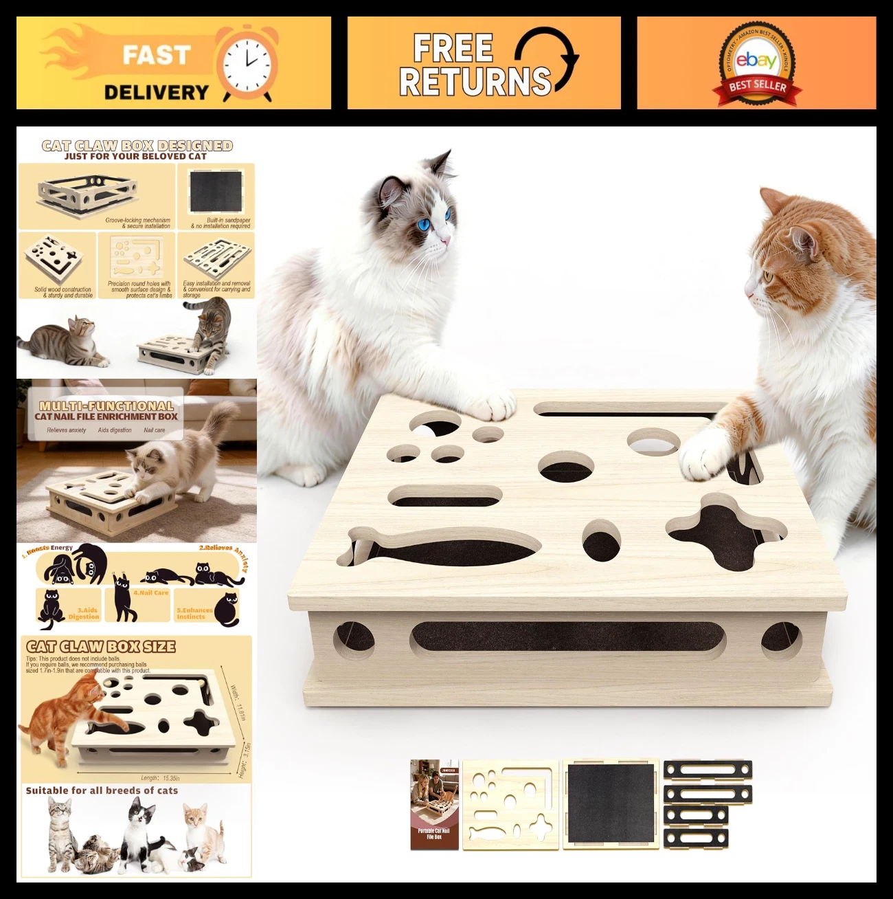 Large Cat Scratch Puzzle Box - Solid Wood Nail File with Sandpaper, Stress-Free