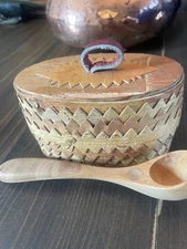 RARE Vintage Handmade OVAL Wooden Salt Cellar w/ Spoon - Swedish
